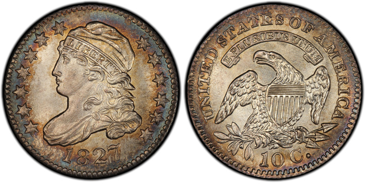 1827 Capped Bust Dime. JR-5. Pointed Top 1 in 10C.  MS-65+ (PCGS).